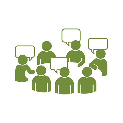 green and white icon of seven people having a discussion
