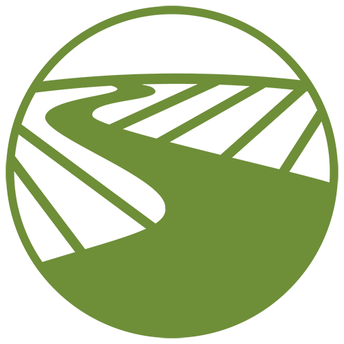 green icon with white background depicting row crop farm field bisected by low lying, meandering waterway