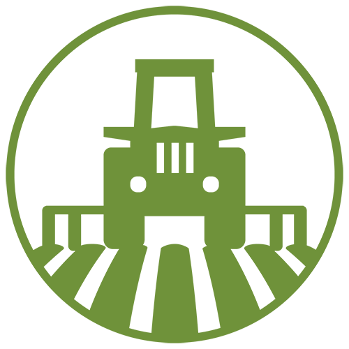 green icon with white background depicting a tractor driving across a farm field