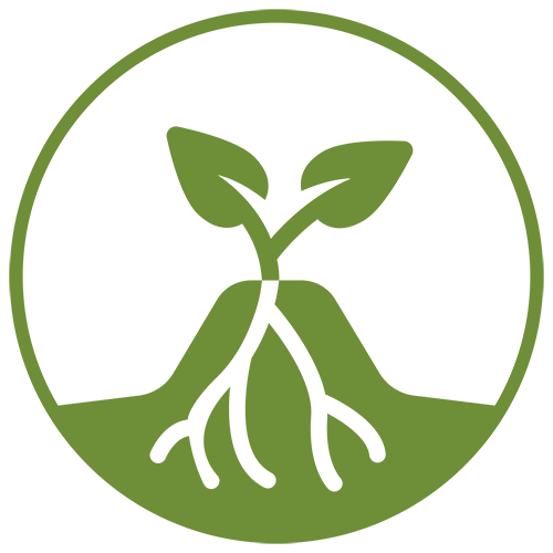green and white icon of soybean plant surrounded by ridge of soil along the base of the plant, depicting ridge till