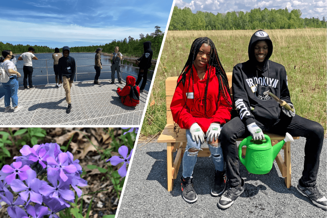 Purple phlox flower in lower left, interns on a dock in the upper left, Charish Byas and friend sitting on a bench in front of a prairie