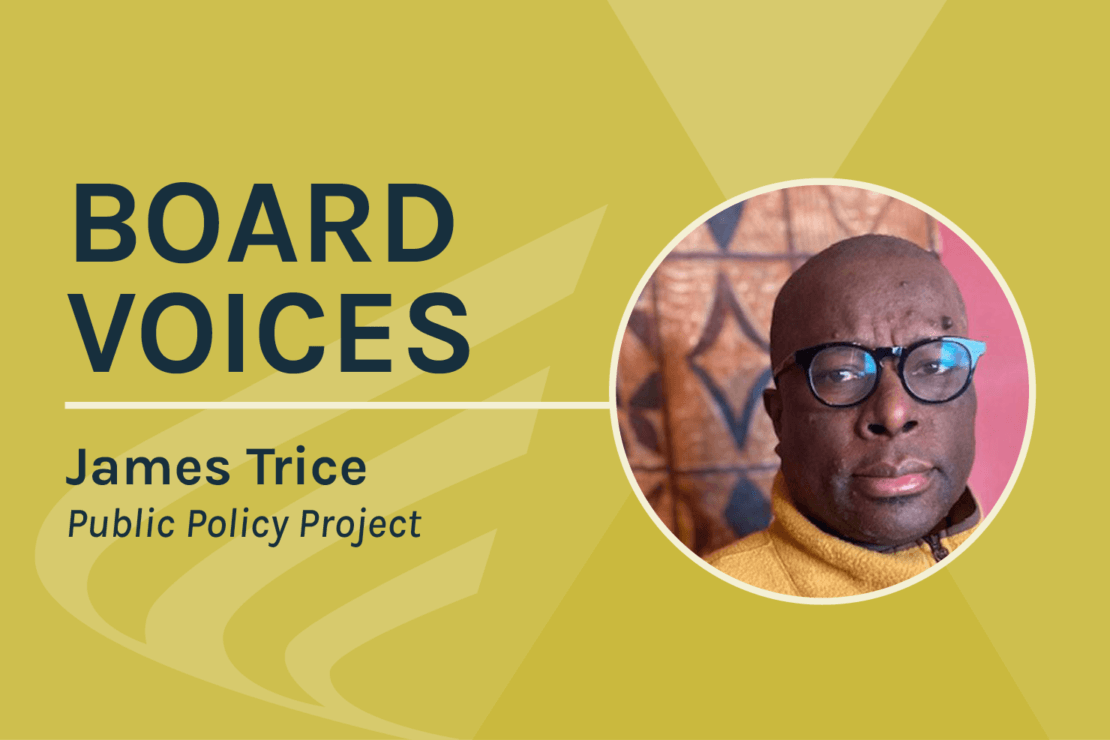 Headshot of James Trice in a circle on top of yellow background and light yellow Environmental Initiative logo
