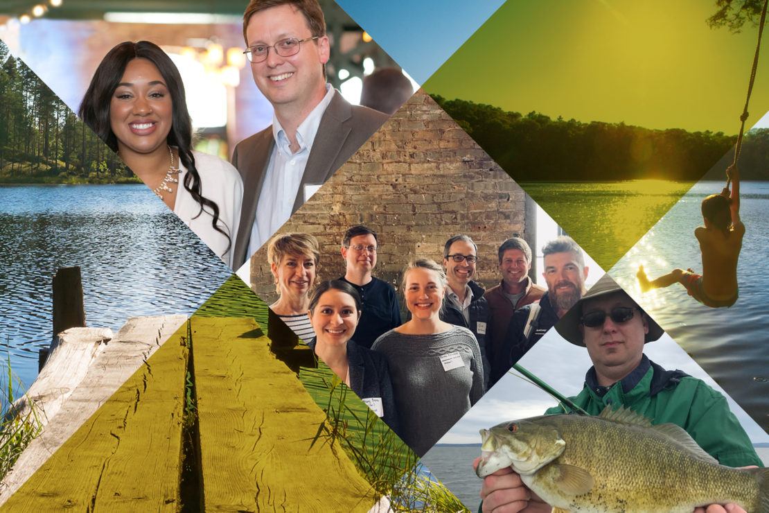 Collage of five images including a lake in summer, Mike Harley with a fish, Mike Harley and Halston Sleets, Sustainable Growth Coalition members, and a boy on a rope swing on a lake.