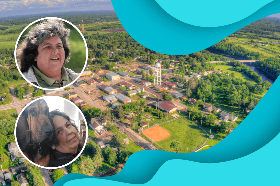 Headshots of artists Shirley and Sharon Nordrum with an aerial view of Little Falls, Minnesota in the background.