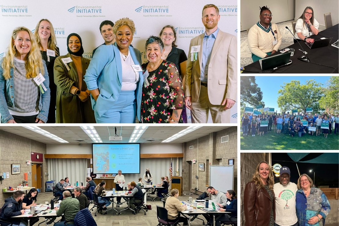A collage of five photos showcasing Environmental Initiative events and community engagement. The top-left image features a diverse group of professionals smiling in front of an 'Environmental Initiative' backdrop. The top-right image shows two panelists seated at a table with microphones and laptops. The bottom-left image captures a workshop setting with attendees seated at tables, participating in discussions in a conference room. The middle-right image shows a large outdoor gathering of people holding signs in support of environmental initiatives. The bottom-right image features three people smiling together at an evening event